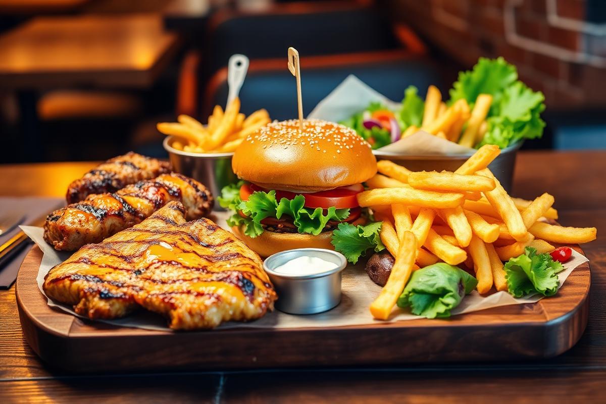 Grilled chicken, burger and fries spread on a wooden board at PERIDISE GRILL HOUSE